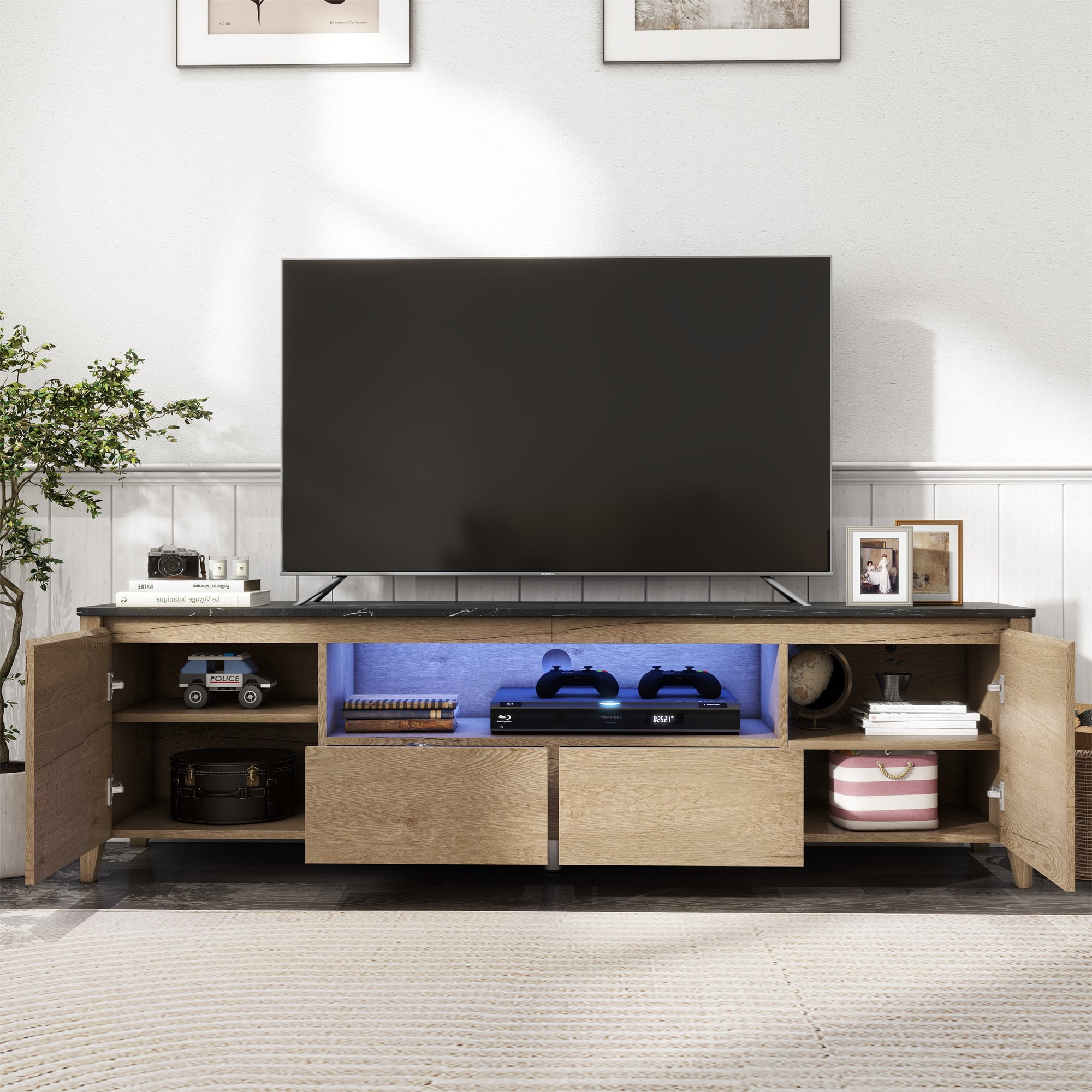 Kadyn Modern TV stand with LED Lights and Storage, TV Console for Up to 80 inch, Entertainment Center, Natural and White