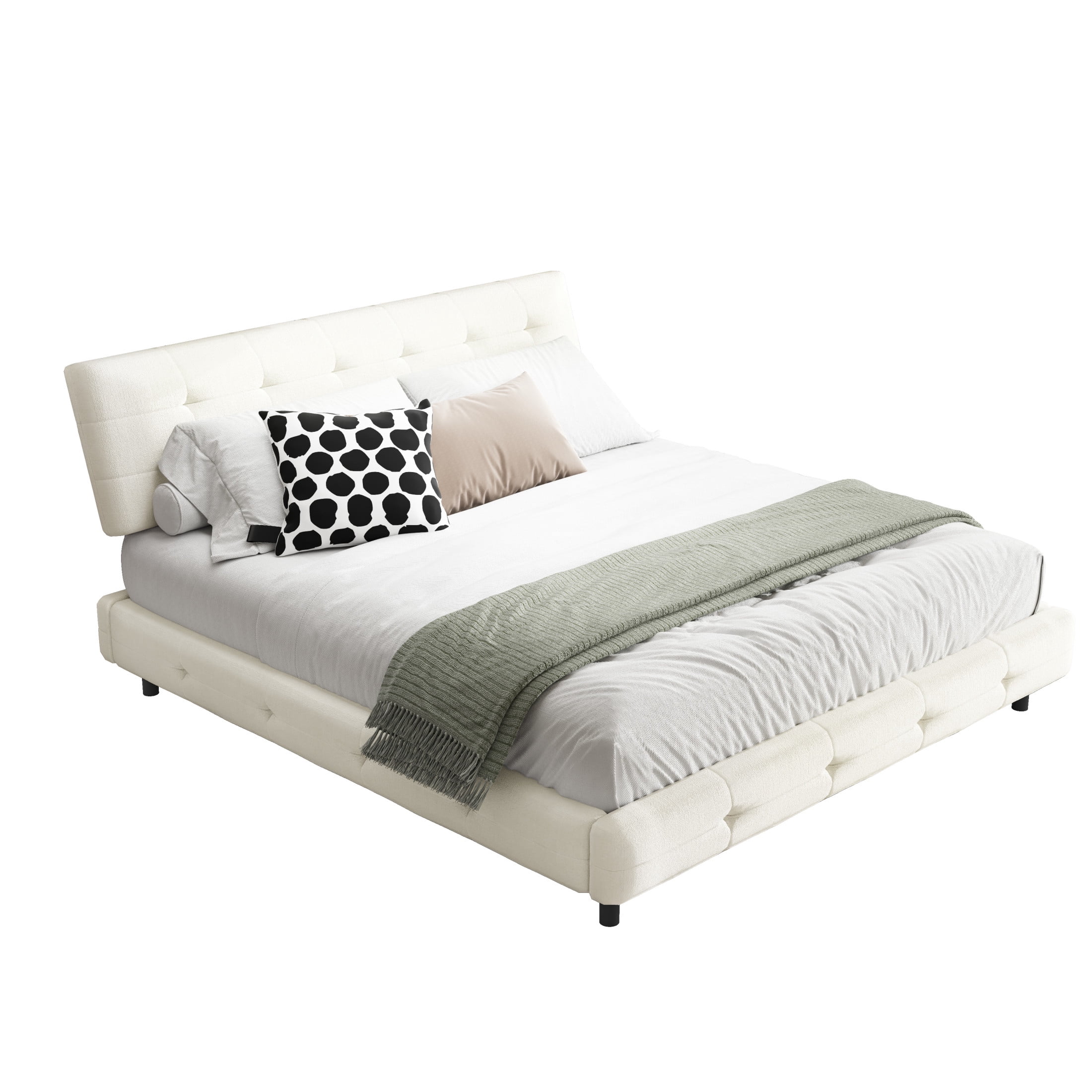 Noble House Corlen King Chenille Platform Bed Frame, Tufted Soft Cloud Pillow Headboard with Double Support, Beige