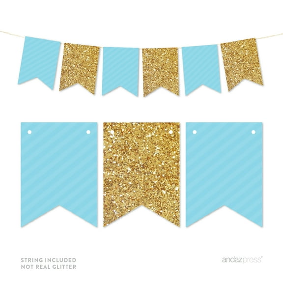 Baby Blue Gold Glitter Pennant Party Banner