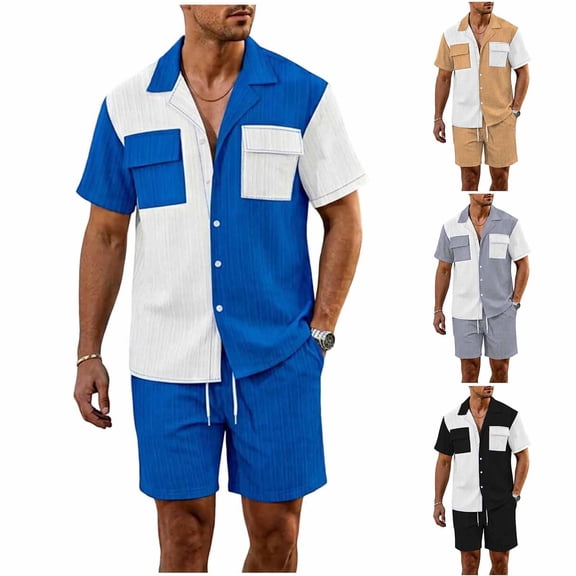 HBGVBA Men Color Blocked Casual Beach Breathable Elastic Waist Shorts Button Lapel 2 Pocket Short Sleeve Shirt 2 Piece Beach Set