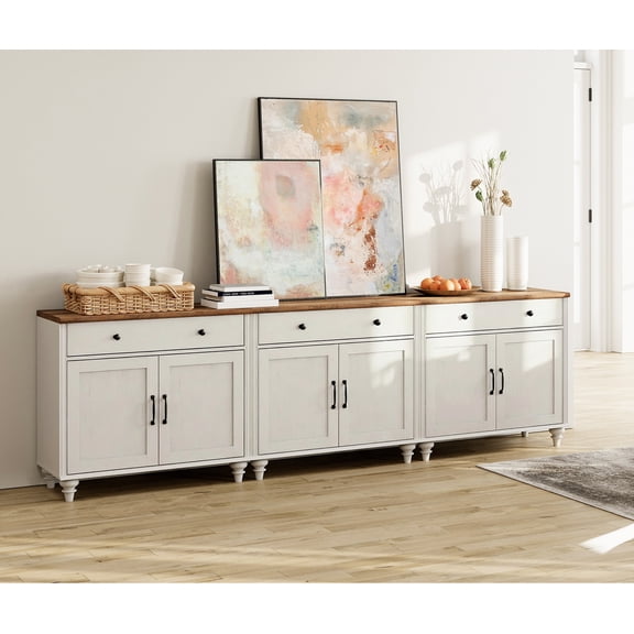 Credenzas & Sideboards with 6 Doors and 3 Drawers, Large Coffee Bar Table Wooden Kitchen Storage Cabinets, Modern Farmhouse Buffet Cabinet for Dining Room, White, 101 Inch
