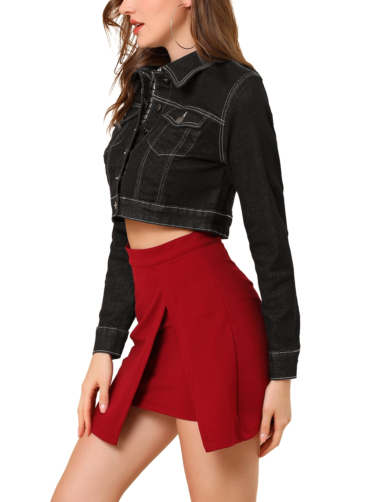 DARING DIVA Women's Long Sleeve Button Down Trucker Jean Denim Jacket XS Black