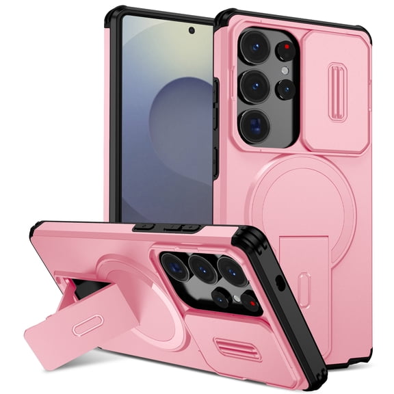 for Samsung Galaxy S26 Ultra Case with Camera Sliding Cover & Adjustable Kickstand, Magnetic Wireless Charging Rugged Shockproof Bumper Cases Heavy-Duty Magnetic Protective Phone Cover, Pink