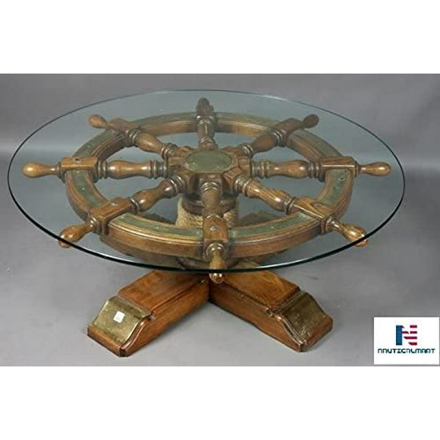 NauticalMart Roue de Navire en Verre 24 Pouces Décorative Wheel Table