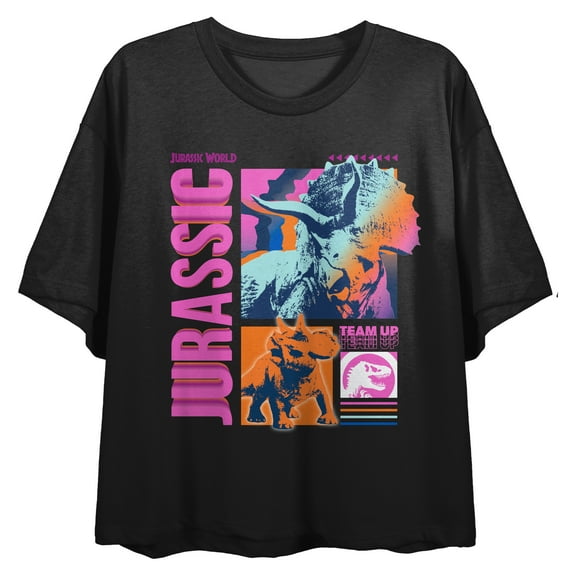 Jurassic World Neon Gamescape Crew Neck Short Sleeve Women's Black Crop Top-Medium