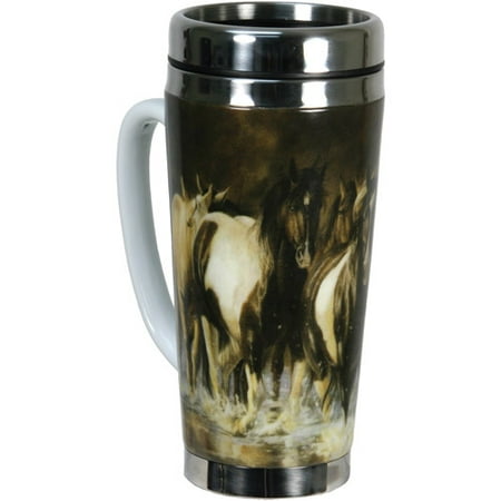 Rivers Edge Products 16 oz Ceramic/Stainless Steel Travel Mug, Horses