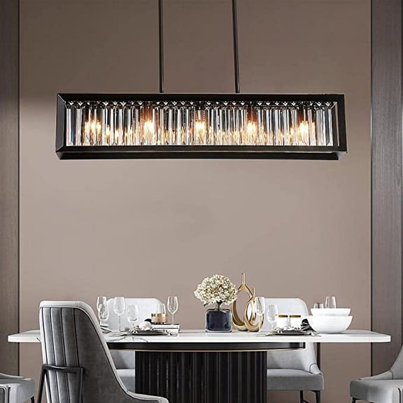 KPIBEST Crystal Black Chandeliers for Dining Room, Modern Linear Chandelier with 5 Light, Rectangle Farmhouse Semi Flush Mount Ceiling Pendant Light Fixture for Kitchen Island for 2023