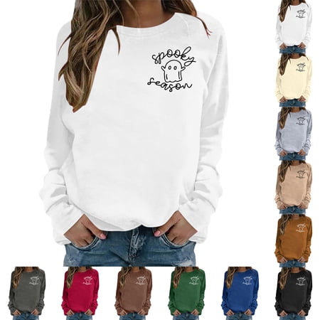 WEIWEN Halloween Spooky Season Sweatshirt Women Cute Ghost Oversized Sweatshirts Fall Sweaters for Women Pullover Tops Womens Fall Fashion Clothing Coffee L