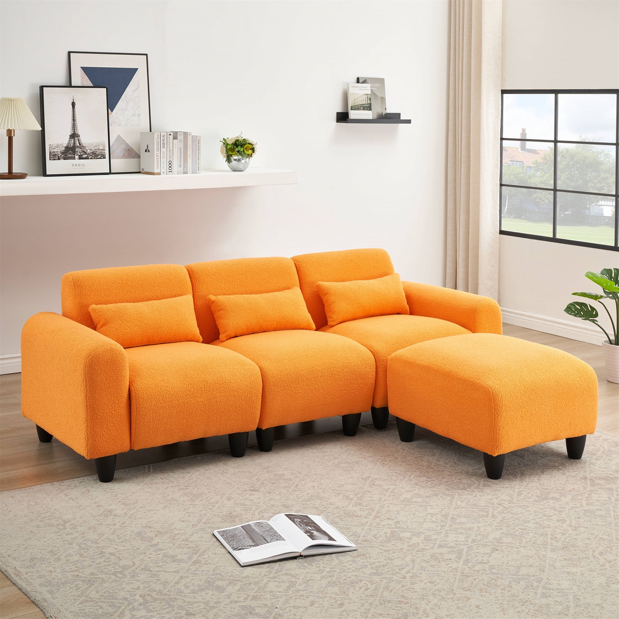 Aukfa Modular Sectional Sofa, Deep Seat Couch Set for Living Room, 3 Pillows, Orange Teddy Fleece