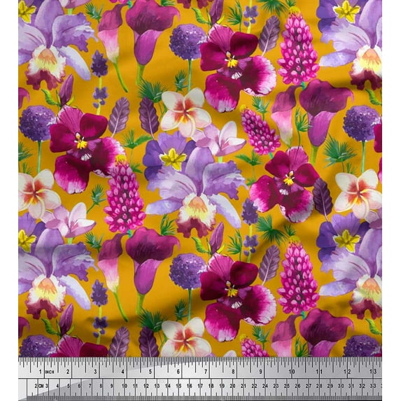 Soimoi Gold Poly Georgette Fabric Pink & Purple Floral Watercolor Print Fabric by The Yard 42 Inch Wide