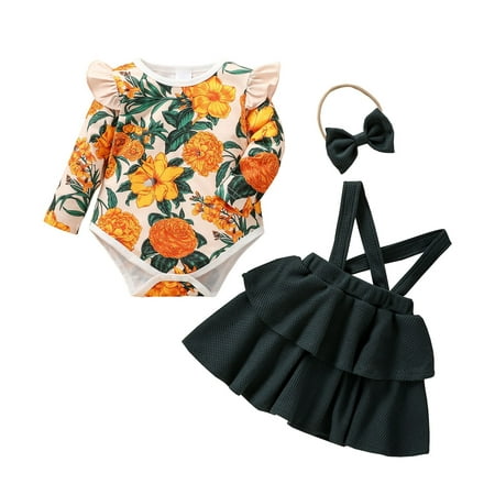 

Infant Baby Girls Spring Summer Long Sleeve Strap Skirt Set Fashion Small Floral Print Flying Sleeve Triangle Harper Versatile Solid Color Strap Skirt Two Piece Set