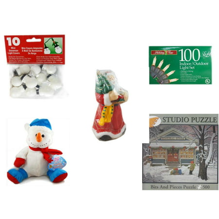 Christmas Fun Gift Bundle [5 Piece] - 10 Mini Snowman Light Covers -  Time 100 Light Indoor/Outdoor Light Set - Wax Santa Candle 7