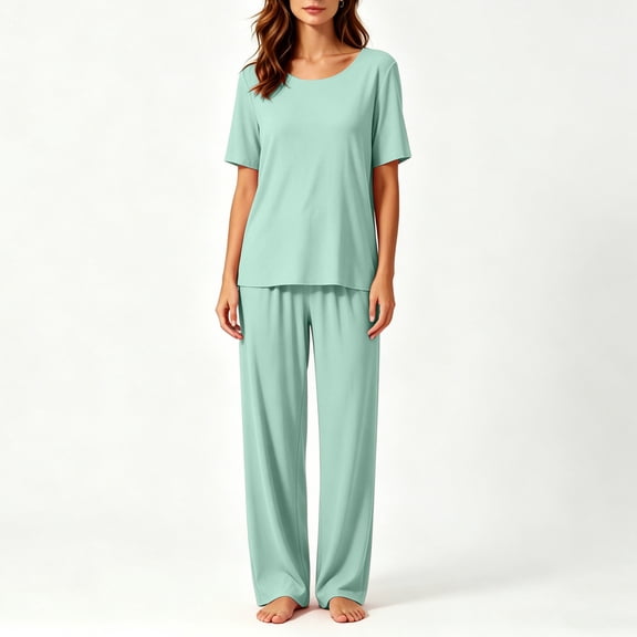 RoamHome Pajamas for Women Set 2 Piece Comfy Pjs Sleepwear, Short Sleeve Top & Long Pants Lounge Set