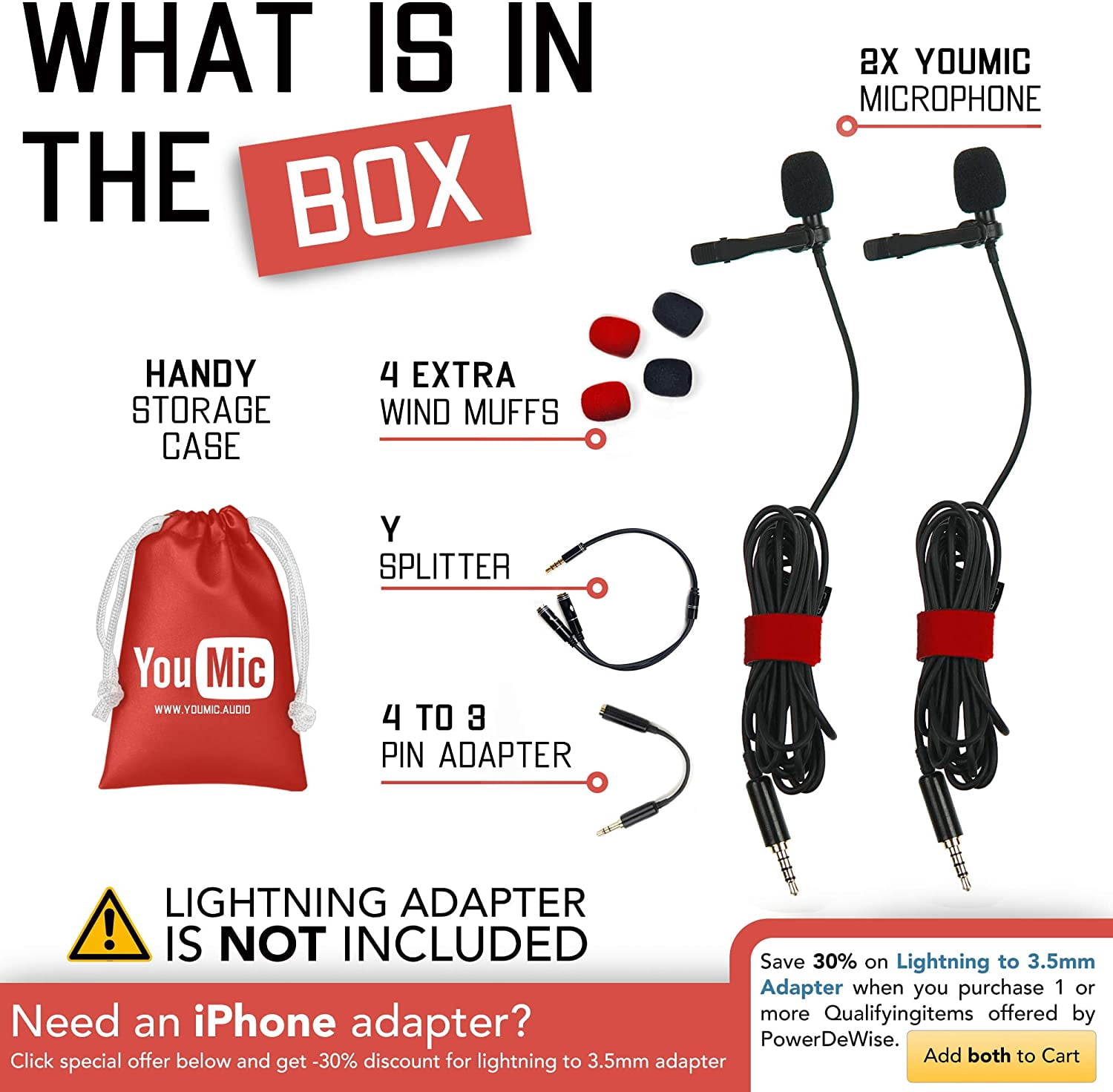 YouMic BLOGGING Dual Lavalier Lapel Microphone with TRRS to TRS adapter