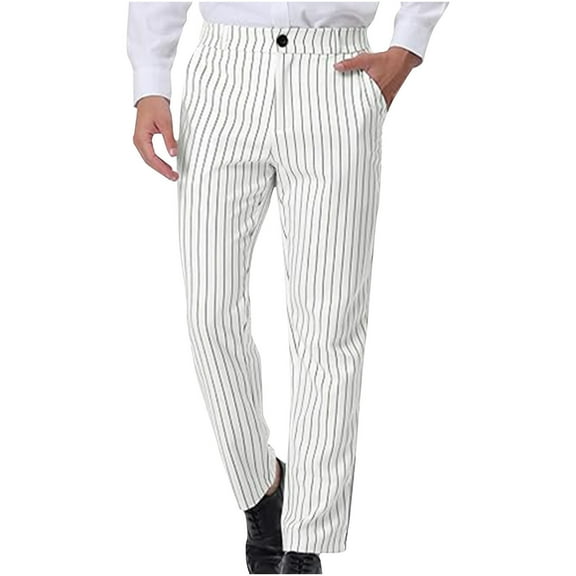 CQONEPT Men's Dress Pants Stripe Button Fron Business Casual Pant Office Slacks Straight Leg Trousers with Pocket White M
