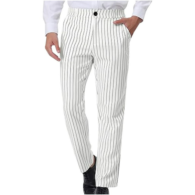 Ceisia Gift Men's Spring/Summer Casual Suit Pants - Straight Stripe Print Pocket Button Waist Polyester Trousers