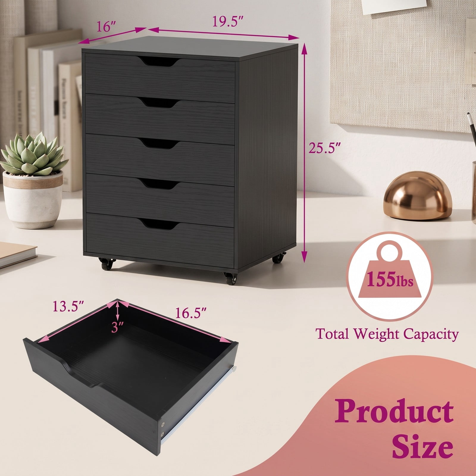 Furnibear 5 Drawer Mobile File Cabinet with Lockable Wheels, Rolling Storage Organizer Cart with Reinforced MDF Frame for Home Office, Living Room, Study, 155, Black