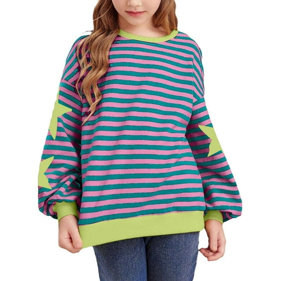 Tfken Child Girls Tee Long Sleeve Striped Print Cozy Tops Cushy Crew Neck Blue T-Shirts Size 3-4 Years