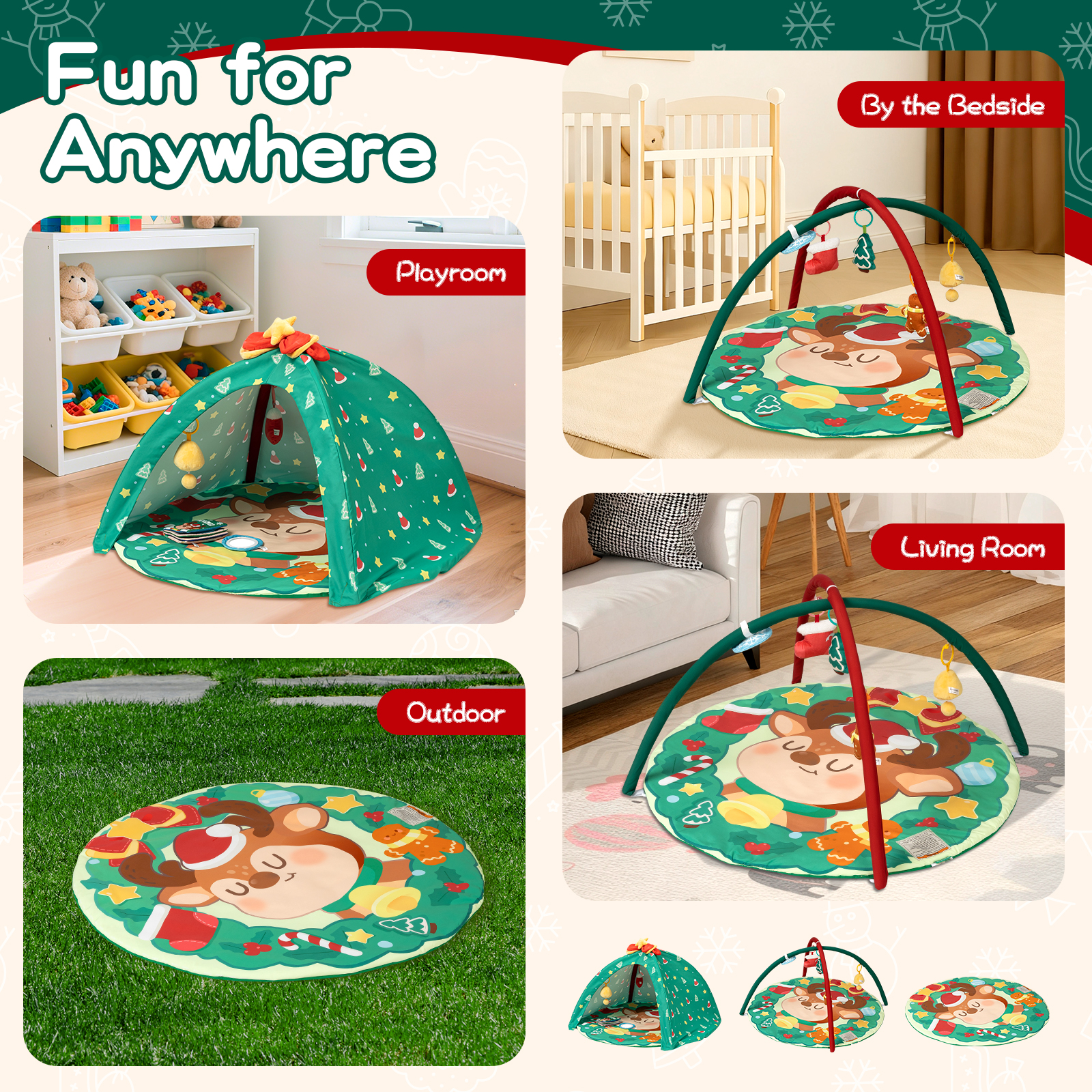 BEINGMATE Care Play Gym Activity Extra Large Baby Playmat for Newborns Infants with 6 Detachable Toys, Christmas