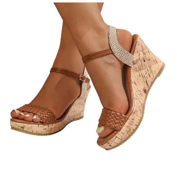 Rokment Women's Platform Wedge Dressy Sandals Trendy Casual Color Block Braided Leather Open Toe Ankle Strap Chunky High Heels Dress Sandals for Woman Bride Wedding Summer Brown Size 6.5