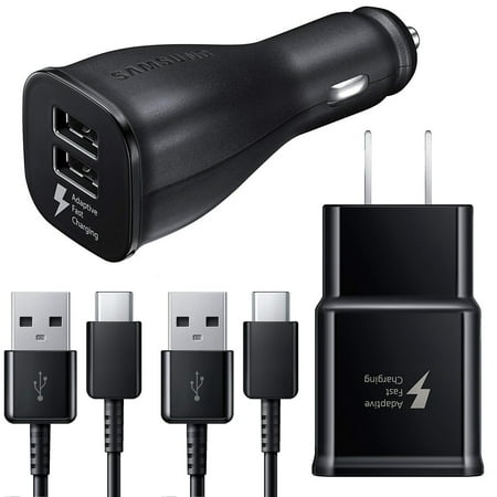 Samsung Galaxy S8, S8+, S9, S9+, S10, Note 8, Note 9 Adaptive Fast Charger USB-C Type-C Cable Kit Fast Charging USB Wall Charger & Car Charger [1 Car Charger + 1 Wall Charger + 2x 4FT Type-C Cable]
