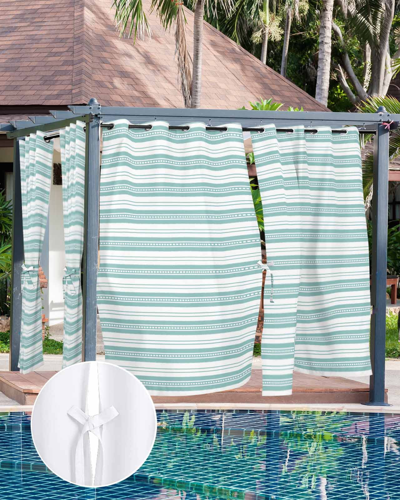 nqOlkjepod Outdoor Curtains for Patio Waterproof, Boho Turquoise Stripe Outdoor Privacy Panels Grommet, Abstract Geometric White Minimalist Blackout Outside Curtains for Porch 54"x108", 2 Panels