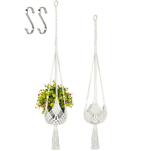 NiHome 2PCS Macrame Hanging Planter Set for Balcony, Patio, Living Spaces, Adjustable Cotton Plant Hangers with Extension Ropes & Stainless Steel S-Hooks, Bohemian Handcrafted Design Fits 3-8 in Pots