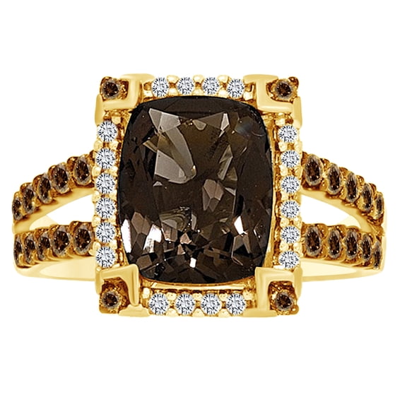 AFFY Cushion Cut Champagne & White Diamond Halo Engagement Ring In 14K Solid Yellow Gold