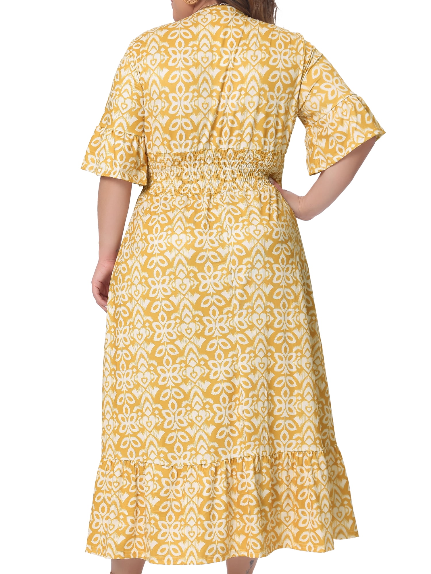 DARING DIVA Women's Plus Size Bell Sleeve Ruffled Hem Boho A Line Dress 1X Yellow