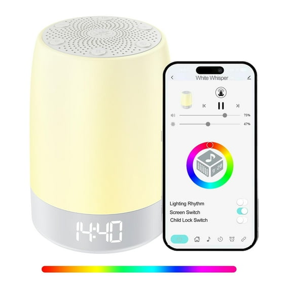 White Noise Sound Machine with Night Light, 32 Soothing Sounds, Sunrise Alarm, Rechargeable, App Control for Home, Office, Travel