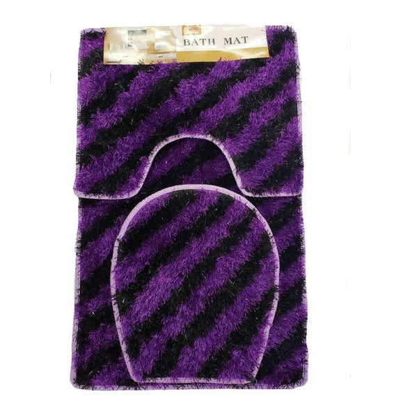 Luxury 3PC Soft Shaggy Purple Bath Set Bath Mat Toilet Cover Contour Striped Design