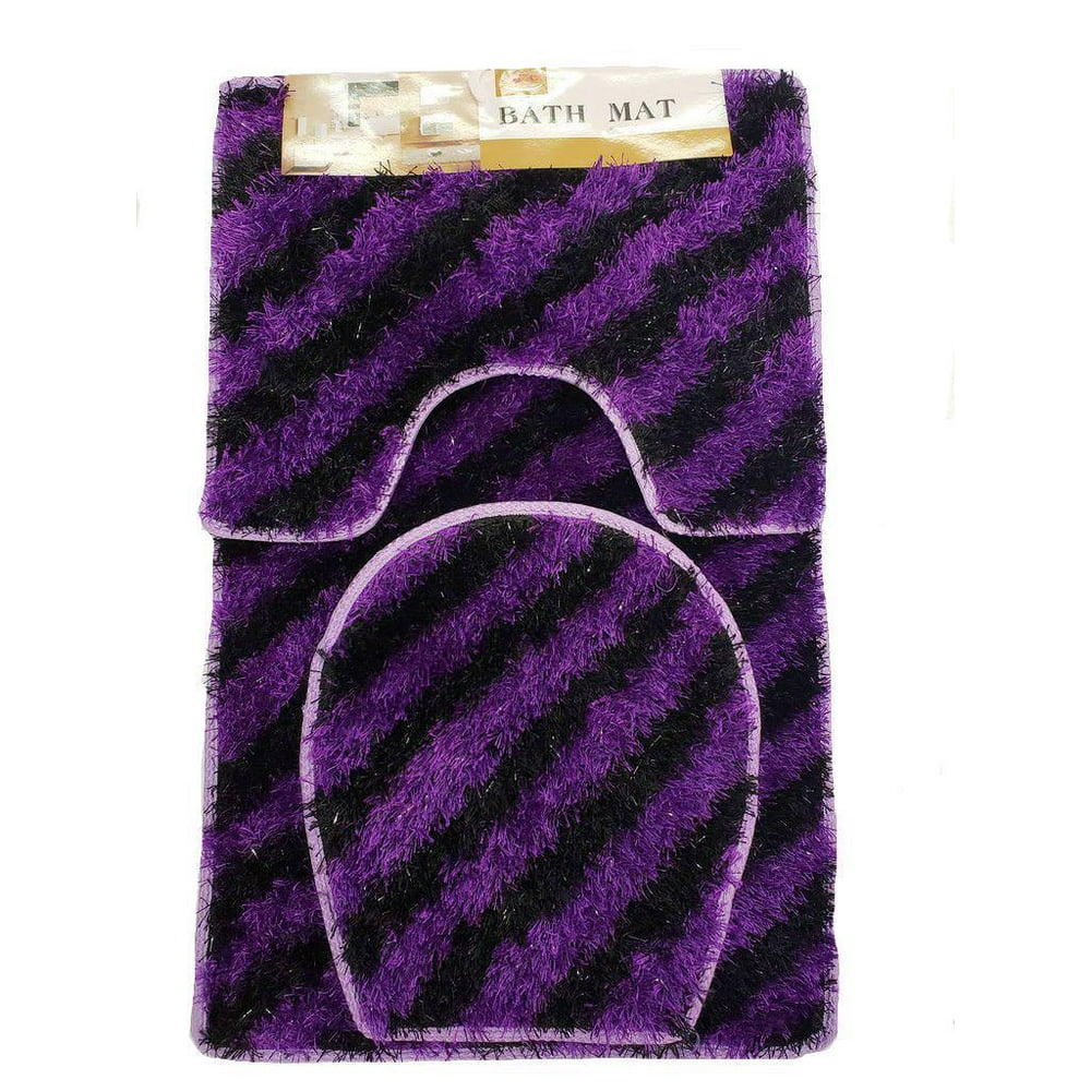 Luxury 3PC Soft Shaggy Purple Bath Set Bath Mat Toilet Cover Contour Striped Design Walmart