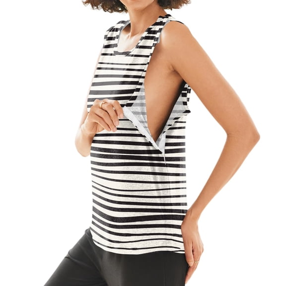 Stralyhd Chemo Port Tank Top for Women Tear Away Shirts Recovery Tank Tops Easy To Wear and Take Off Striped Post Surgery Top Black XXL