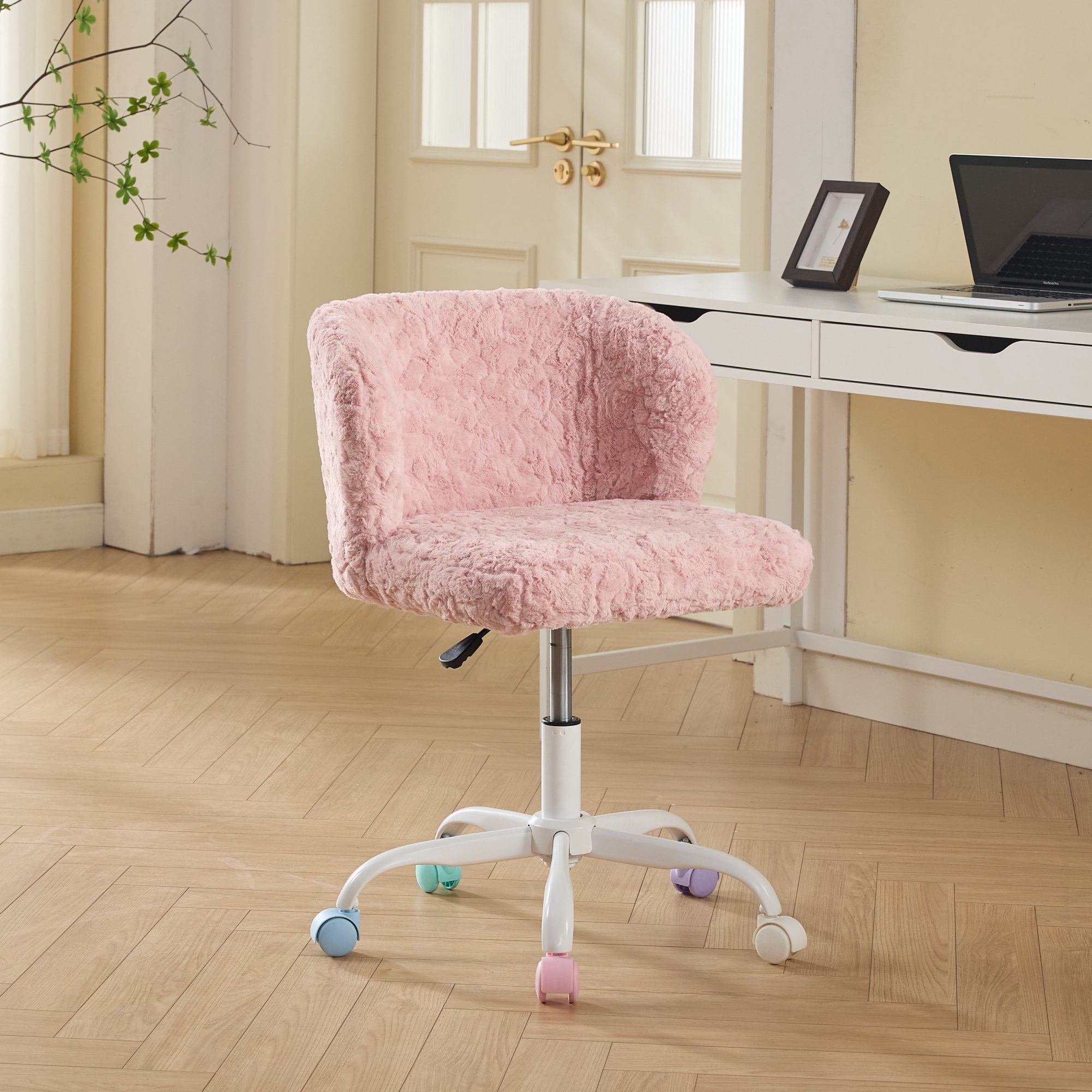 Fluffy Faux Alpaca Fur Vanity Chair with Gold Metal Base, Adjustable Swivel Chair with Gas Lift & Reclining Function,Pink