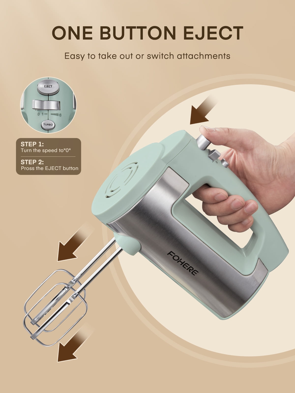 FOHERE 6 Speed Hand Mixer with Turbo Boost, Kitchen Hand Held Mixer Immersion Blender for Food Whipping, Includes 3 Attachments, Green