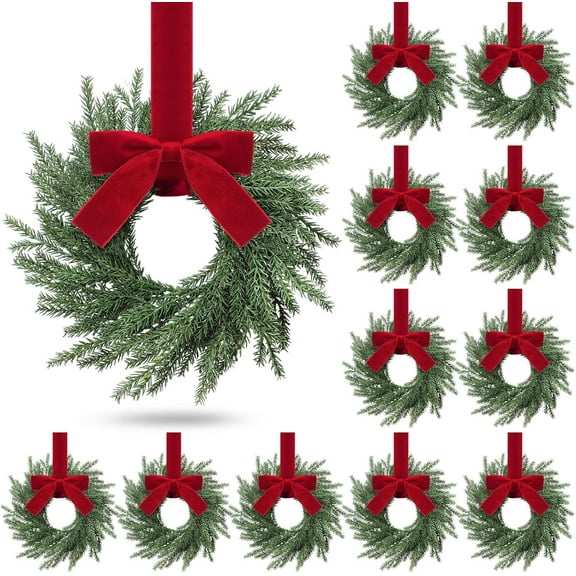 6 Pcs Small Christmas Norfolk Wreaths Evergreen 12.6 Inch Christmas Kitchen Cabinet Mini Wreaths Real Touch with Bow and Burgundy Ribbon for Xmas Front Door Window Home Table Pillar Decor