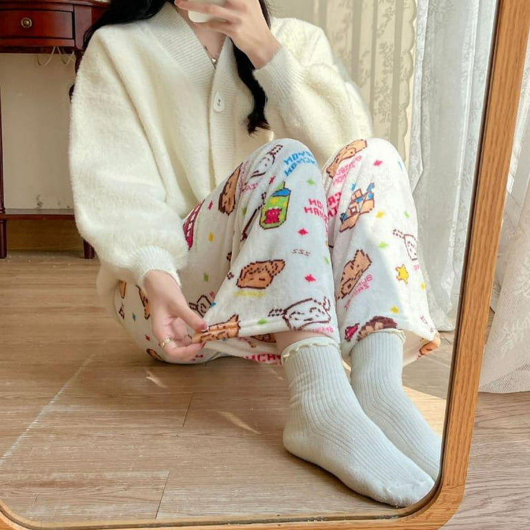 Kawaii Crayon Shin Chan Flannel Pants Pajamas Cartoon Sanrios Hellokitty  Cinnamorol Autumn Winter Warm Plush Homewear Trousers