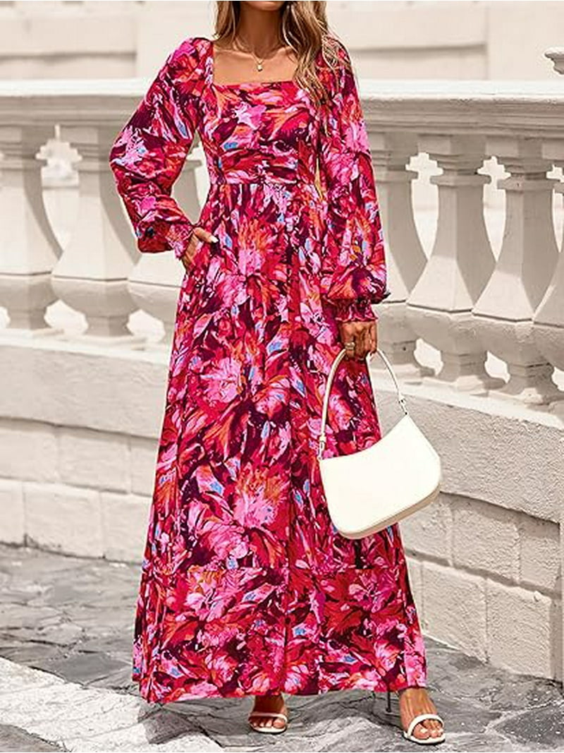 chinese dress ladies Hndudnff Women's Runway Long Sleeve Loose Waist Floral Print Holiday Maxi  Dress gray9 S at Amazon Women's Clothing store