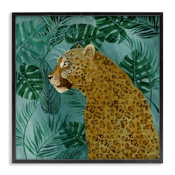 Stupell Industries Monstera & Palms Cheetah Animals Painting Black Framed Art Print Wall Art, 12 x 12