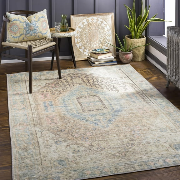Mark&Day Washable Rugs, 5x7 Oak Lawn Traditional Tan Area Rug, Blue Beige Brown Carpet for Living Room, Bedroom or Kitchen (5'3" x 7', Machine Washable)
