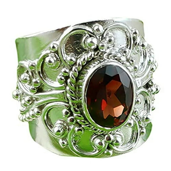 Navya Craft Garnet Oval 925 Sterling Silver Handmade Women Statement Ring, Garnet Jewelry Size 14.0