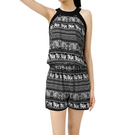 Allegra K Women's Vintage Printed Slant Pockets Romper Black (Size L / 12)