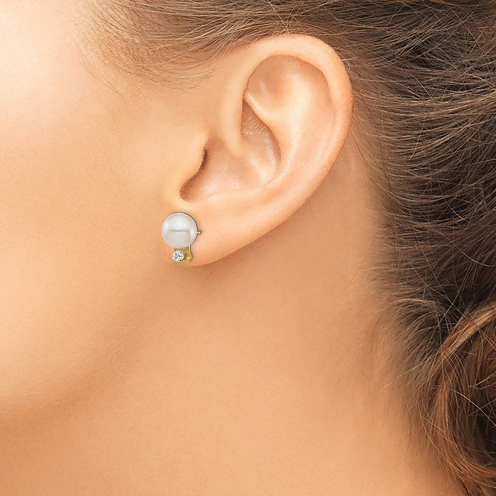 Auriga Fine Jewelry 14K Yellow Gold White Round Saltwater Akoya Cultured Pearl Diamond Stud Earrings for Women (L- 0.36 inch, W- 0.36 inch)