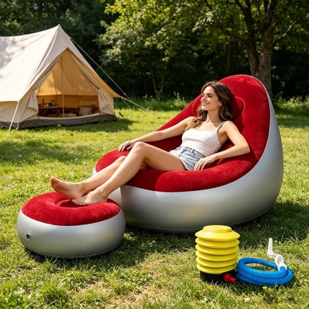 Flocking Inflatable Lounge Chair with Foot Stool & Air Pump, Portable Blow Up Sofa for Camping Travel Home Use, Full Size, Red