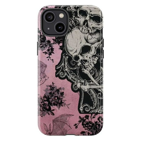 Pink Gothic Skull Phone Case – Vintage Dark Floral Skulls with Bats and Mirror phone Cover for iPhone 16 15 14 13 12 11 Pro Max Plus Mini