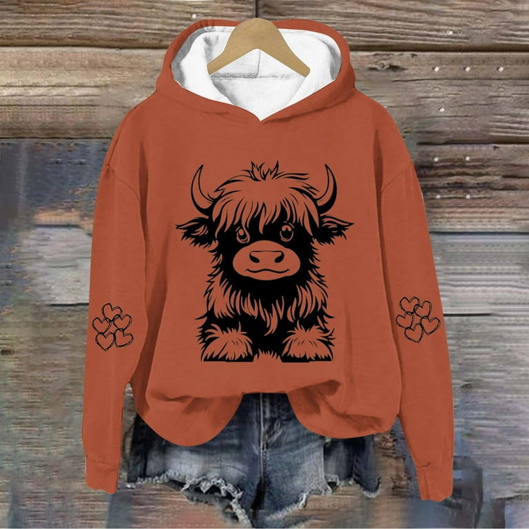 Highland Cow Hoodie Women Cute Graphic Print Sweatshirt (Red XL