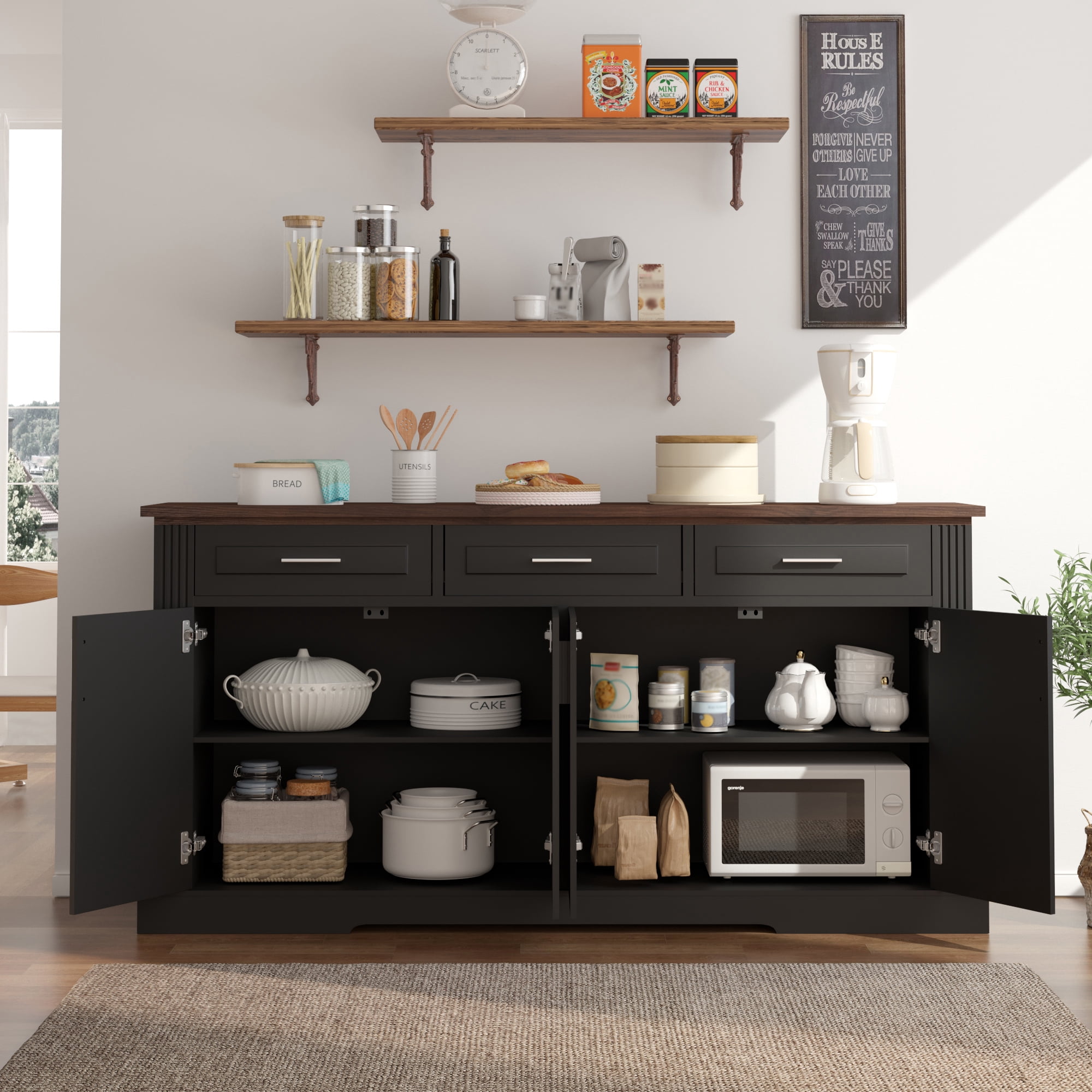 Mintazer 63" Fluted Sideboard Buffet Cabinet with Storage, Kitchen Storage Console Table with 4 Doors and 3 Drawers, Modern Coffee Bar Station for Entryway Kitchen Living Room Dining Room, Black