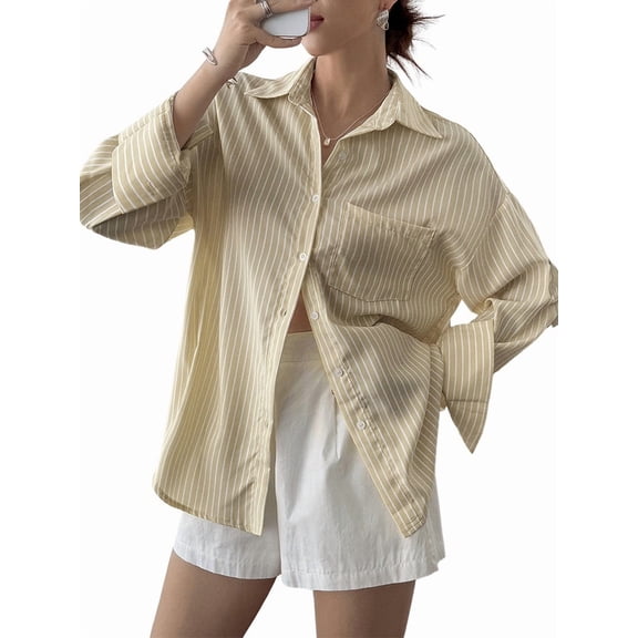 Women'S Button-Down Shirts, Striped Formal Shirts, Long Sleeves, Lapels, Office Work Shirts, Tops Khaki M