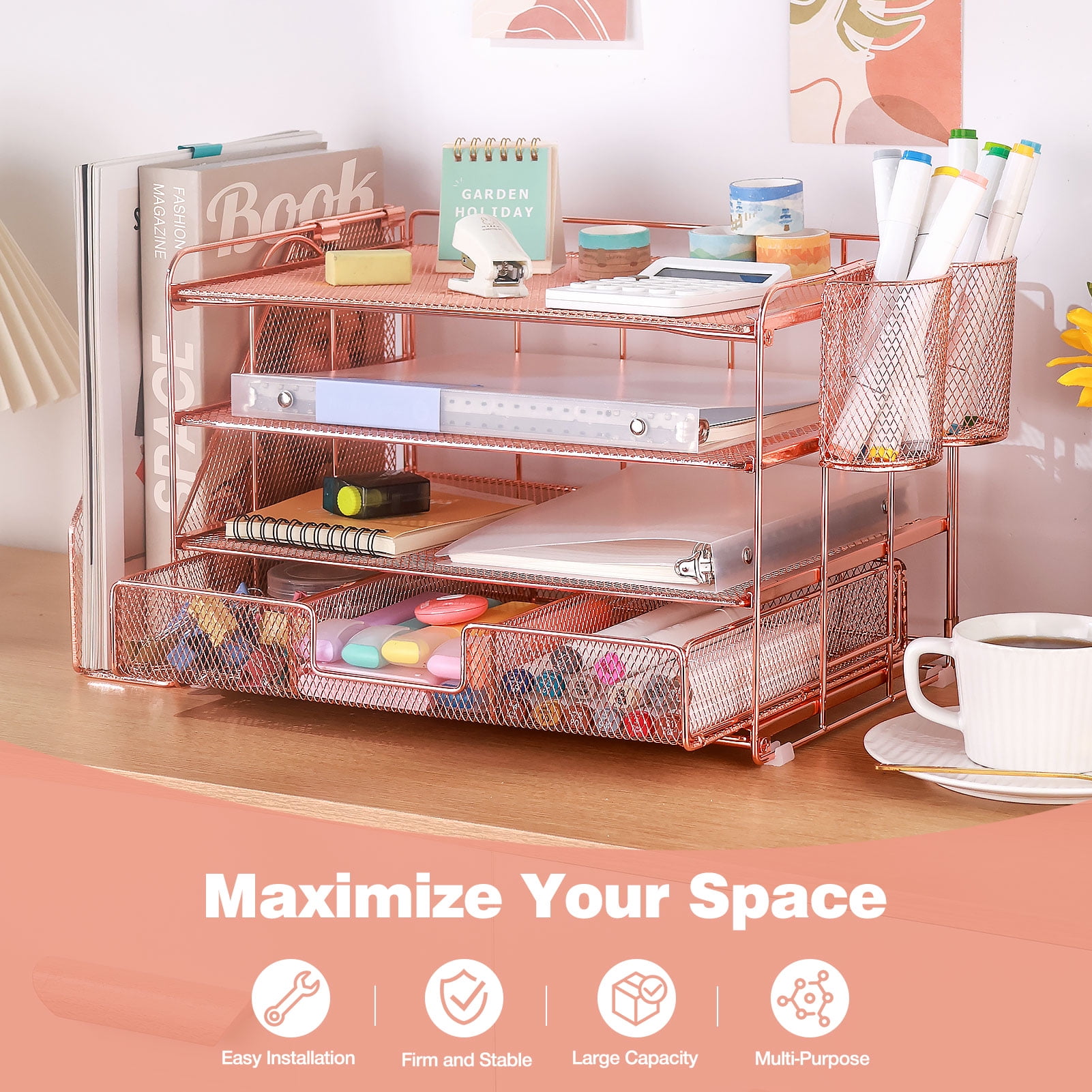 Livhil Desktop Organizer 4-Tier Desk Organizers Sets and Storage, File Organizers for Desk Drawer Organizer, Paper Organizer for Desk (Rose Gold)