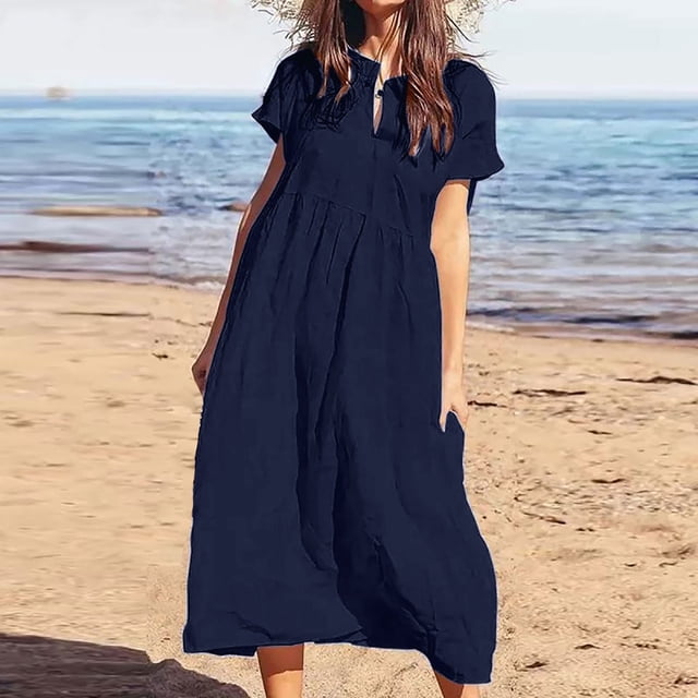 LOVZFMLL Robe d'Été pour Femme, Mode, Manches Courtes, Fente, Col Rond, Décontractée, Imprimée, Bleu Marine, G